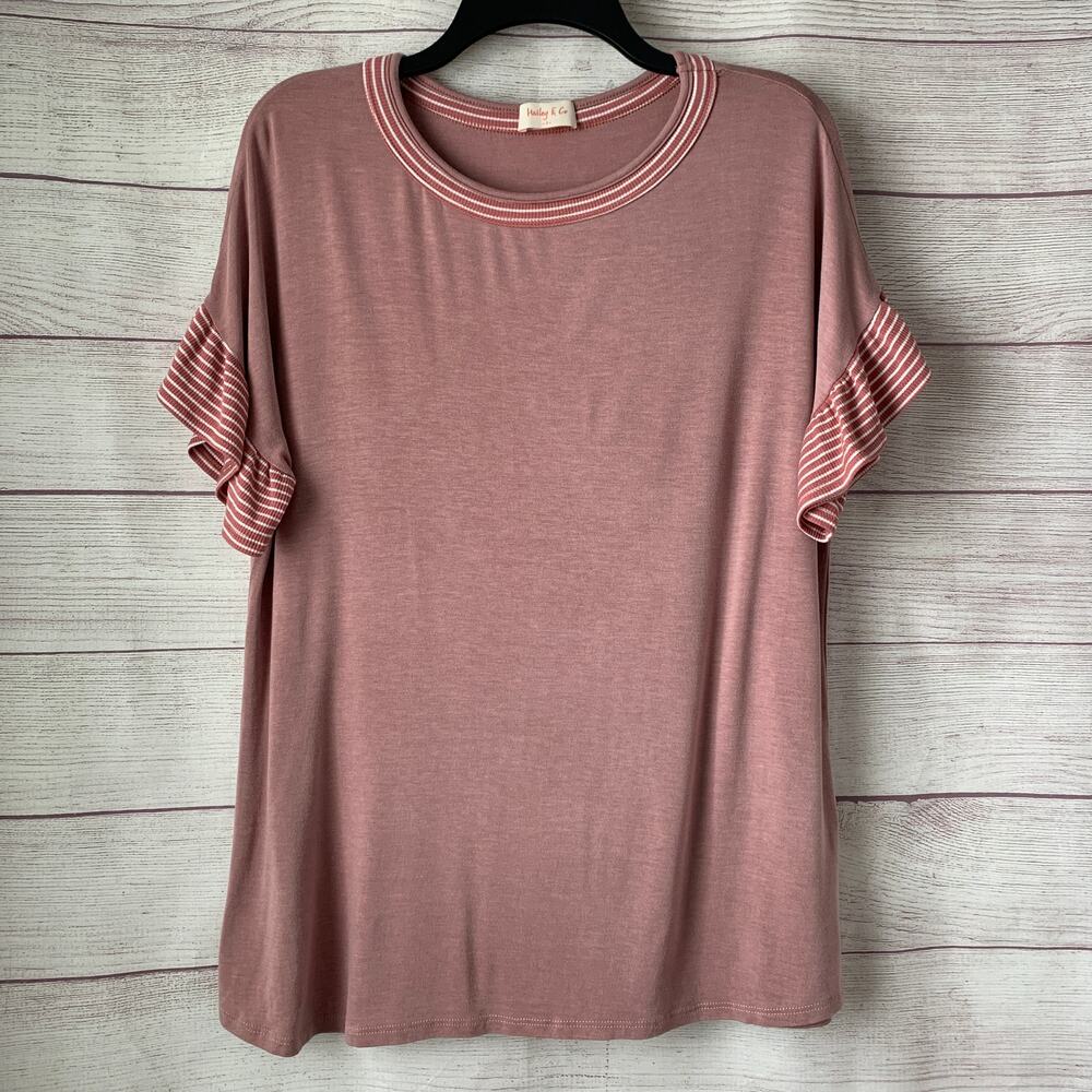 Hailey & Co Mauve Pink Short Sleeve Blouse with Striped Ruffle Cuffs Size L